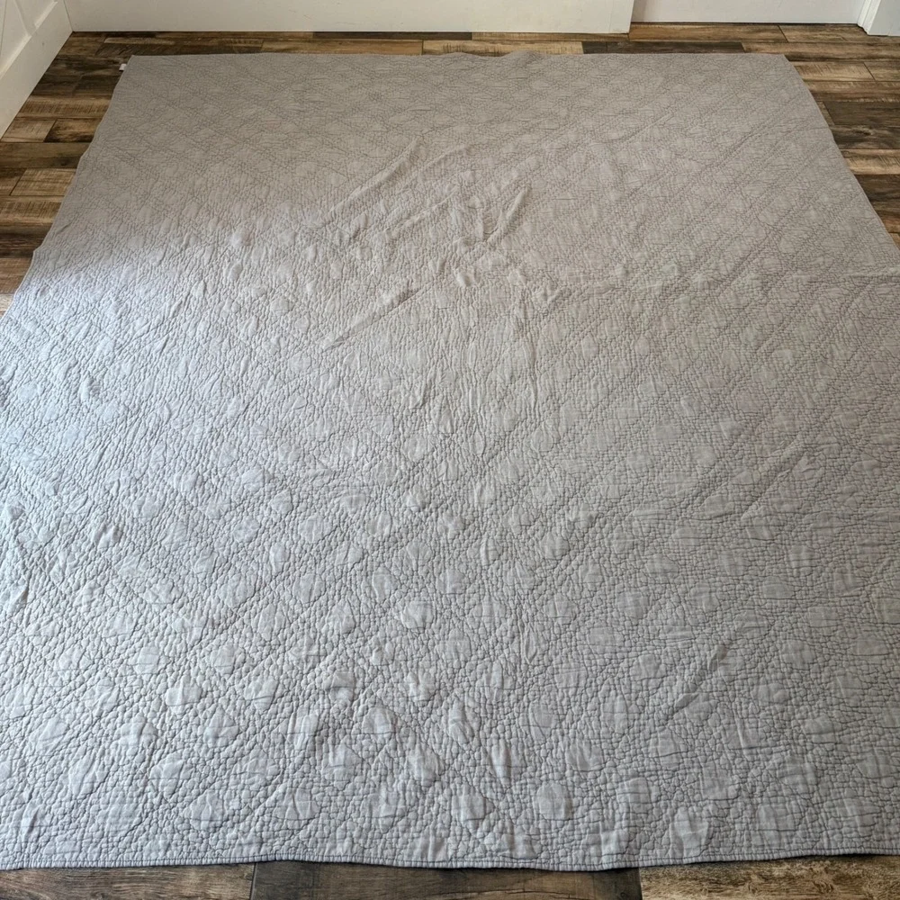 RH Restoration Hardware Linen Cotton Kantha Pick Stitch Quilt King Grey Taupe